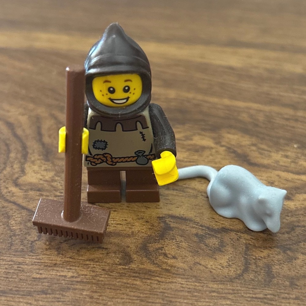 LEGO Castle Peasant Minifigure with Broom and Rat Medieval Village Worker